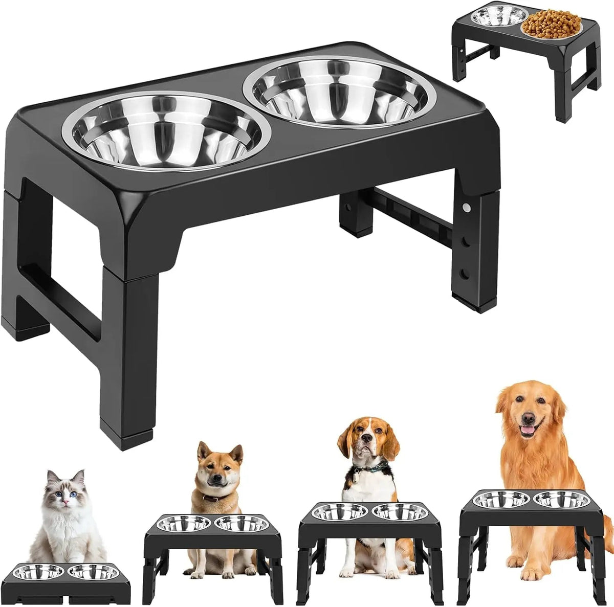 Adjustable raised dog bowl stand in black with two stainless steel bowls