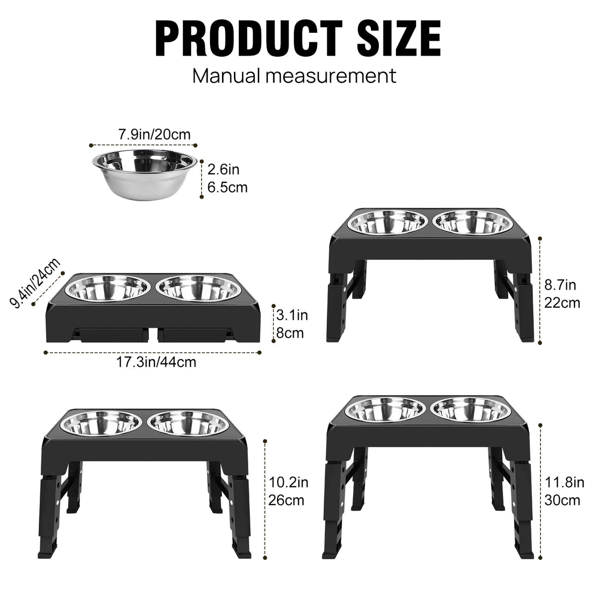 Raised dog bowl stand with 4 height settings: 8, 22, 26 and 30cm